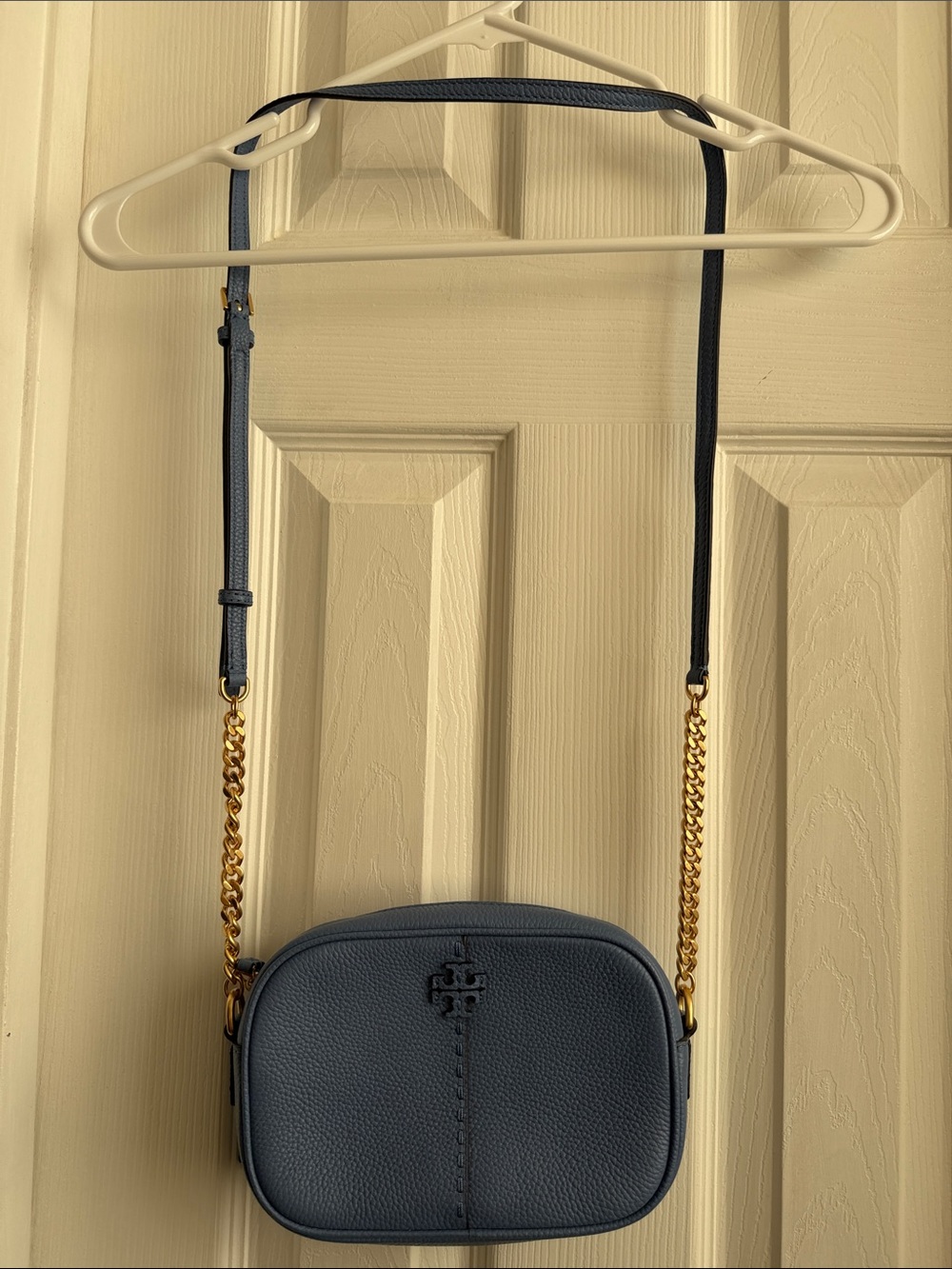 Tory Burch Navy Pebbled Leather Crossbody with Gold Chain Strap